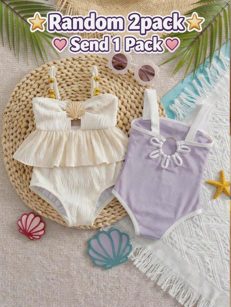 SHEIN Random 1pcs, Send 1pc Baby Girl Cute Black Hollow Flower Decor Romper Swimsuit For Summer - Purple - View 1