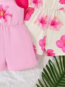 SHEIN Elladie kids 3件組少女夏季新款花卉滿版印花純色連身褲，簡約百搭時尚度假風連身衣 - 玫紅色 - 查看 4