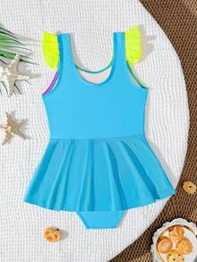 Young Girl Round Neck Color Block Flutter Sleeve One-Piece Swimsuit, Suitable For Beach Vacation, Pool Party, Beach Party - Multicolor - View 2