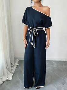 Rafferiza Casual Vacation Loose Shoulder Textured Soft Elastic Waist Comfortable Slimming Wide Leg Pants, Khaki, Spring/Summer - Navy Blue - View 5