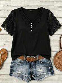 Breezaya Plus Size Women's Contrast Lace Contrast Button Shirt, Fashionable Retro Casual Design Artistic Elegant Ladies Apparel - Black - View 7