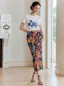 Anewsta Áo thun nữ thanh lịch 94% cotton, kiểu dáng tối giản, tay ngắn, cổ tròn, thêu họa tiết và đính sequin, màu đen, thích hợp cho công sở. - Xanh và trắng - Xem 7