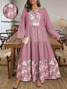 Vionelle Vestido largo de manga larga con estampado floral bordado, elegante y casual, para mujer de talla grande - Rosa vieja - Ver 3