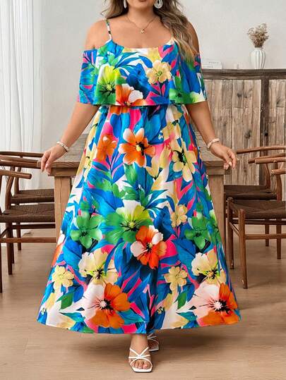 SHEIN CURVE+ Plus Size Women's Tropical Printed Cold Shoulder Pleated Summer Dress, Vacation Dress,Curve Plus ,Hoho Vacationbeach Outfits For Woman/Beach Dress/Beach Vacation Outfits/Beach Essentials / Graduation/Tea Party Dress