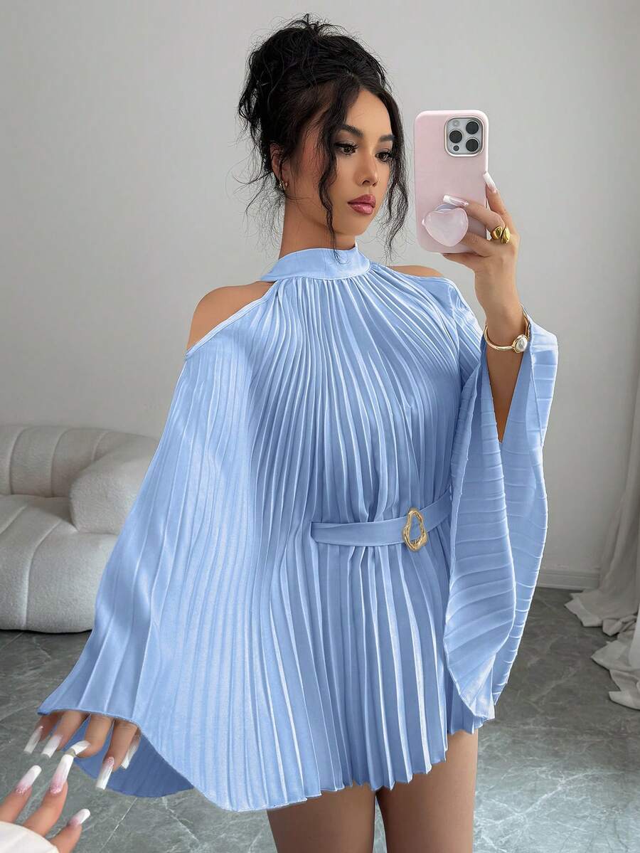 SHEIN Elenzya 优雅度假风束腰中长喇叭袖女式衬衫上衣