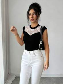 Elenzga Women's Fashion Round Neck Elegant Lace Patchwork Bodycon Camisole, Suitable For Daily Wear, Autumn/Winter & Spring/Summer - Multicolor - View 5