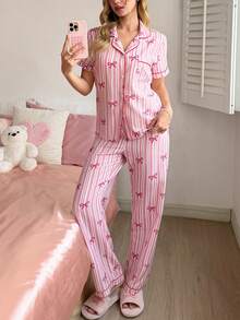 SweetSlumber Bộ đồ ngủ nữ kiểu dáng ngọt ngào với họa tiết sọc và nơ, cổ ve áo. - Nhiều màu - Xem 5