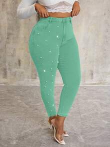Slaydiva Plus Size Elastic Blue Denim Pants With Pearl Decor - Mint Green - View 7