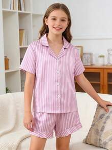 Girls' Pink And White Striped Faux Silk Pajama Set,Cute Summer Sleeping Loungewear,Collared Button-Front Top & Ruffle Hem Shorts Comfortable For Daily - Mauve Purple - View 3