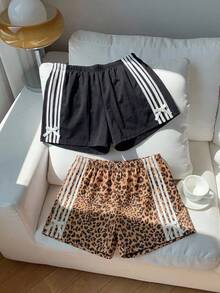 SHEIN 2件套青少年/少女服装 - 经典时尚短裤，两侧饰有4条白色条纹；亮丽黑色豹纹长裤，适合外出和旅行 - 彩色 - 查看 6