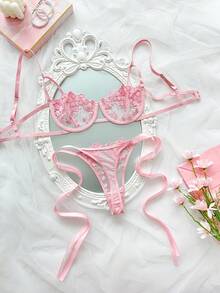 2 piezas Conjunto de lencería con cordones y bordados en azul cielo para mujeres - Rosa - Ver 2