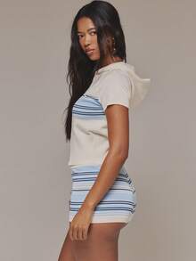 MUSERA Top à manches courtes en tricot avec fermeture éclair frontale à rayures et short mini-jupe ajusté à rayures micro 2 pièces vendues en ensemble. Printemps été vacances festival quotidien sortie vacances imprimé - Multicolore - Voir 4