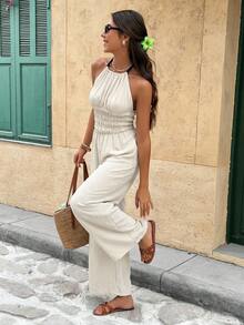 SHEIN Frenchy Bộ jumpsuit nữ thời trang, đa năng, có dây rút, đính hạt, thích hợp cho kỳ nghỉ. - Màu be - Xem 8