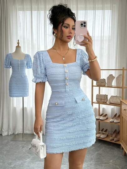 Elenzga Đầm ngắn nữ màu xanh dương dáng ôm, tay phồng, chất liệu vải họa tiết, tối giản, thích hợp cho mùa xuân/hè, phù hợp cho hẹn hò, đi chơi, du lịch, sinh nhật, tốt nghiệp, một chiếc đầm ngắn đa năng.