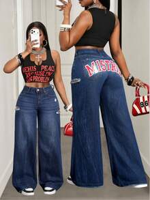 Slaydiva Quần jeans ống loe nữ có túi và cúc, kiểu dáng thoải mái, đa năng, thích hợp mặc hàng ngày. - Màu xanh lam - Xem 1