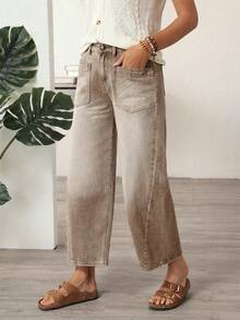 EMERY ROSE Jeans rectos de bolsillo lavados de uso diario casual de talla grande - Café integral - Ver 3