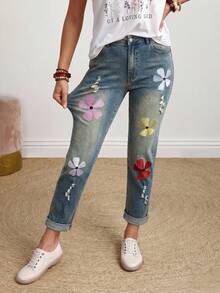 EMERY ROSE Jeans de mezclilla bordados y desgastados de moda para mujer de talla grande - Azul - Ver 1