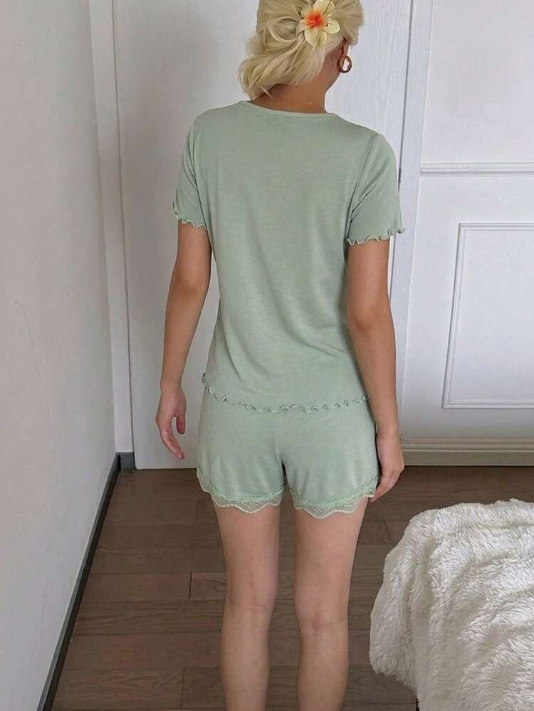 Women's Summer Solid Color Contrast Lace Bow Decor Short Sleeve Lettuce Trim Top And Shorts Pajama Set