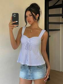 SHEIN 白色休闲女式抽绳吊带背心，户外上衣，度假风，可爱夏日上衣 - 橘色 - 查看 2