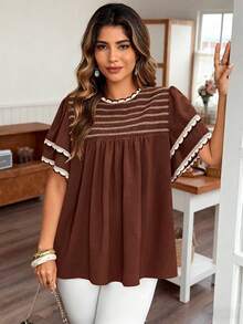 Vionelle Plus Size Elegant Bohemian Style Double-Layer Ruffle Trim Patchwork Casual Blouse Holiday White Summer - Brown - View 3