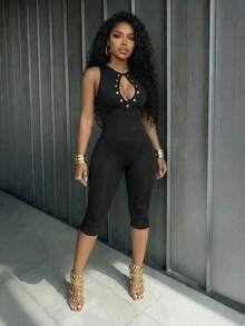 Slaydiva Summer Casual Slim Fit Black Eyelet Cutout Sleeveless Capri Jumpsuit For Women,Street Style Gym Outfit,Cow Boy Style,Music Festival Party Clubwear - Black - View 5