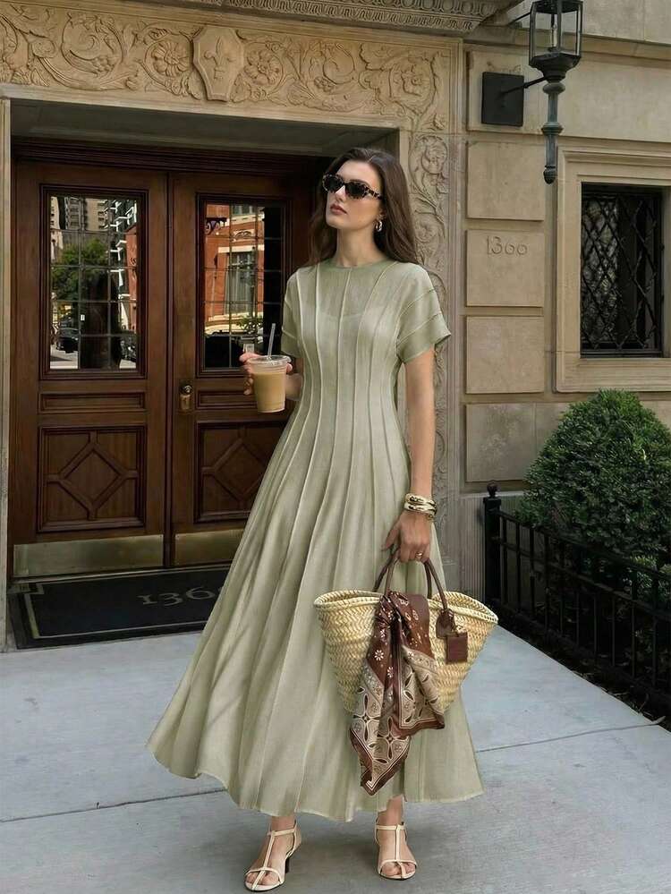 2026 New Early Spring Crinkled Satin Elastic Waist Dress, Suitable For Modern Urban Parties, Back To School Season, Weddings, Casual Bohemian Style, Vacation, Festivals, Spring
