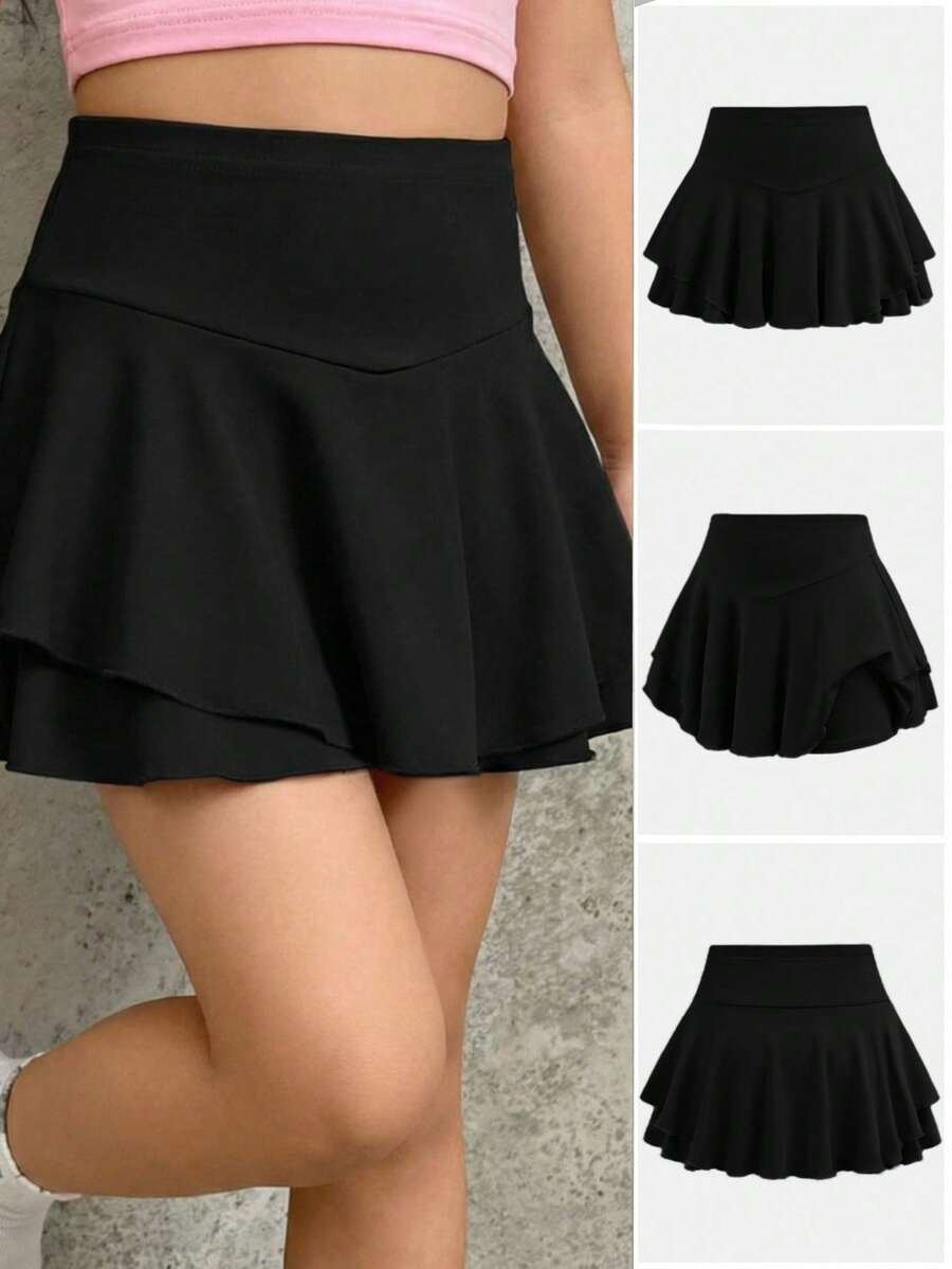 SHEIN Young Girl Summer Solid Color High Waist Sportswear - Black - View 1