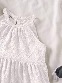 SHEIN 波点、夏季、波西米亚风、床单、度假、柔软、少女夏季休闲度假通勤纯色纹理面料吊带连衣裙、柔软连衣裙、蕾丝、棉 - 白色 - 查看 3