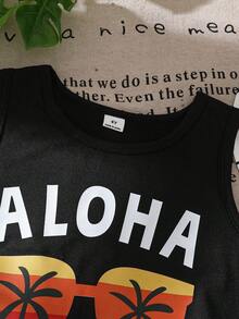 SHEIN 男童三件套夏季沙滩套装 | 男女童夏威夷风白色无袖背心 + “夏日时光”蓝色棕榈树印花短裤 + 配套遮阳帽 | 沙滩度假泳装罩衫 | 水上游戏服 | 4-7岁户外套装 | 家庭沙滩旅行休闲短裤帽子套装 | 清凉夏日装扮 - 彩色 - 查看 4