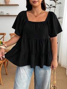 Enliva Blusa de talla grande con cuello cuadrado, ajuste holgado, volantes en capas y manga corta, para Body tipo manzana y redondeado - Negro - Ver 3