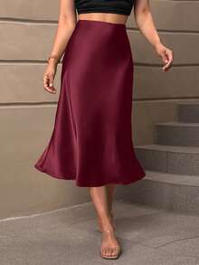 SHEIN Tall CURVE Chân váy cỡ lớn màu trơn tối giản phong cách thường ngày - Màu Đỏ Sâu - Xem 3