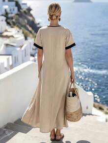SHEIN LUNE Đầm dài 2 trong 1 màu be và đen thắt nơ, phong cách nghỉ hè dành cho nữ. - Màu Khaki - Xem 2