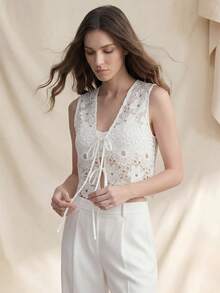 Zovinel Upgrade Version Spring/Summer Women's Lace Hollow-Out Embroidered Sleeveless Elegant Tank Top - White - View 10