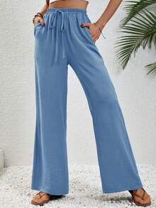 SHEIN Tall Quần kaki nữ kiểu dáng thường ngày, thoải mái, cạp chun, dây rút, ống đứng. - Rửa trung bình - Xem 3