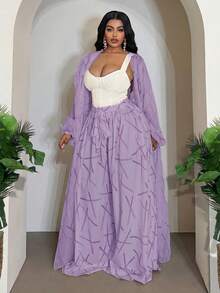 Slaydiva 2pcs Plus Size Women Casual Lantern Sleeve Robe And Wide Leg Pants Loose Suit - Mauve Purple - View 3