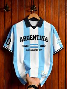 Aesthetic Post Camiseta deportiva retro de hombre con rayas verticales azules y blancas, contraste de color con estampado de letras argentinas e inglesas, camisa casual de moda, camiseta gráfica de hombre, camiseta gráfica de mujer, top deportivo de verano de hombre, ropa de fútbol/fútbol - Verde - Ver 9