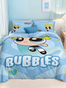 THE POWERPUFF GIRLS X SHEIN 三件套蓝色卡通印花被套，柔软磨砂面料，天蓝色被套，心形、星星、卡通人物图案，多种尺寸可选，适用于单人床、双人床、特大号床和加大号床。 - 藍色 - 查看 4
