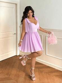 Vionelle Lila Trägerkleid in Große Größen für Frauen, eleganter Taillengürtel im Socialite-Stil, Schleifendekor, trägerloses Kleid mit taillierter Taille und ausgestelltem Rock, geeignet für tägliche Zusammenkünfte, romantische Dates, elegante Partys, Hochzeitssaison, angemessene Kleidung, süße Dates, Valentinstag-Atmosphäre, Gartenfeste, frische, süße Mädchen-Mode - Violett - Übersicht 4