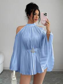 SHEIN Elenzya 优雅度假风束腰中长喇叭袖女式衬衫上衣 - 淺藍色 - 查看 5