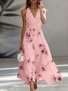 EMERY ROSE Vestido midi elegante con escote en V sin mangas y cintura ceñida, en estilo patchwork AB, para el trabajo y las vacaciones - Multicolor - Ver 4