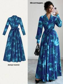 Elenzga Đầm dài tay cổ bẻ in hoa với nơ thắt eo - Màu xanh lam - Xem 5
