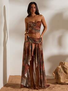 Opulessa 女士针织印花修身抹胸上衣和开衩飘逸半裙两件套，适合春夏度假穿着 - 棕色 - 查看 3