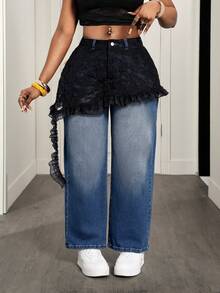 Slaydiva Calça Denim Reta Feminina Fashionable 2 em 1 - Azul - Visão 4