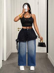 Slaydiva Calça Denim Reta Feminina Fashionable 2 em 1 - Azul - Visão 6