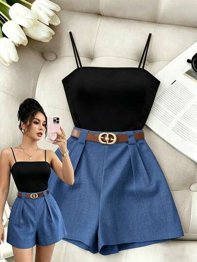 Elenzga Conjunto de 2 piezas de vacaciones casual para mujer con top ajustado de cuello cuadrado en color marrón y shorts de cintura alta de pierna ancha en color blanco, diseño elegante de moda francés de primavera/verano 2026