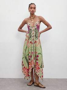 Maija Women's Vacation Silk Scarf Design Asymmetric Hem Spaghetti Strap Dress,Summer Dresses For Women One Piece Dress Summer Long Resort Dresses For Women Latest Dress - Multicolor - View 1