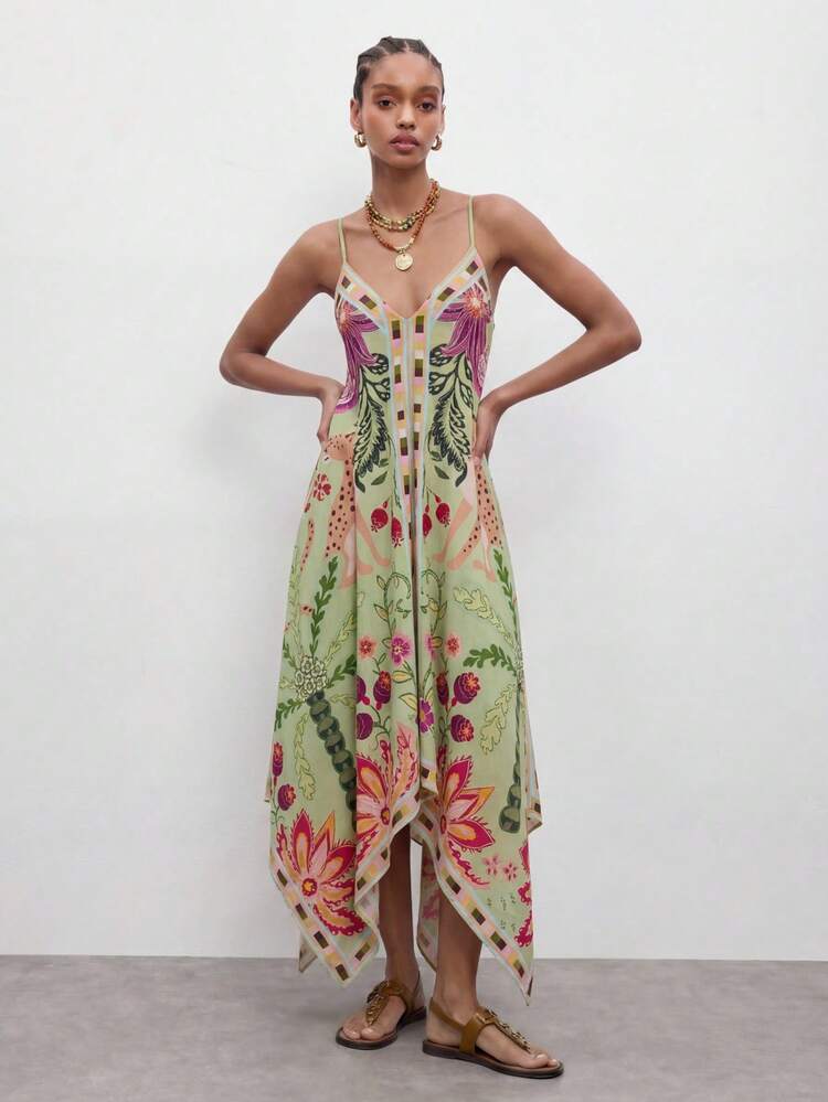 SHEIN Maija Abito da donna con spallina a spaghetti, orlo asimmetrico e design a sciarpa di seta, adatto per le vacanze