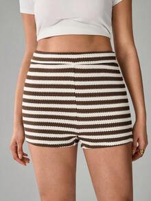 SHEIN Tall CURVE Quần short nữ cỡ lớn mùa hè, kiểu dáng thường ngày, phù hợp đi nghỉ mát, đi làm, kẻ sọc tương phản. - màu đen - Xem 3