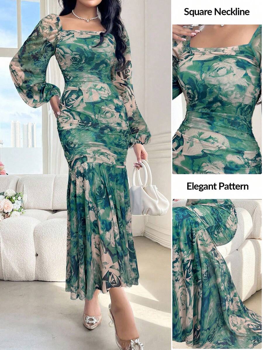 Modelyn Floral Print Squared Neck & Lantern Sleeve Bodycon Dress