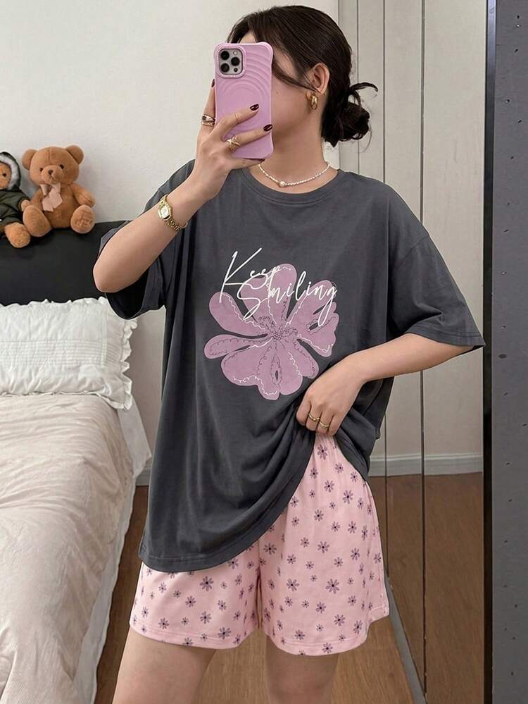 Women's Letter & Floral Print Short Sleeve Top And Shorts Casual Loungewear Set